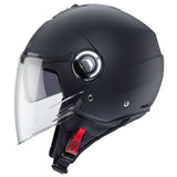 Schwarze Caberg Riviera V4 X Jethelm mit mattem Finish, leichter Helm mit Visier und komfortabler Passform.