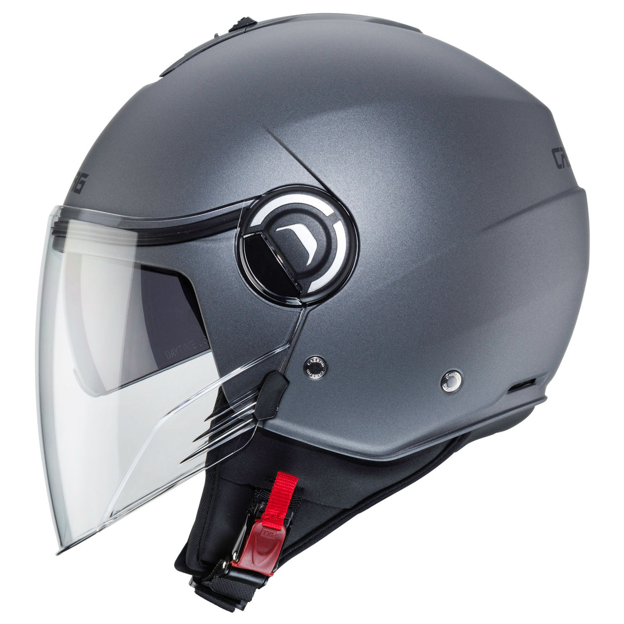 Matt-gun metallic Jethelm von Caberg Riviera V4 X mit klarer Visier und aerodynamischem Design, auf dem Bild sichtbar.