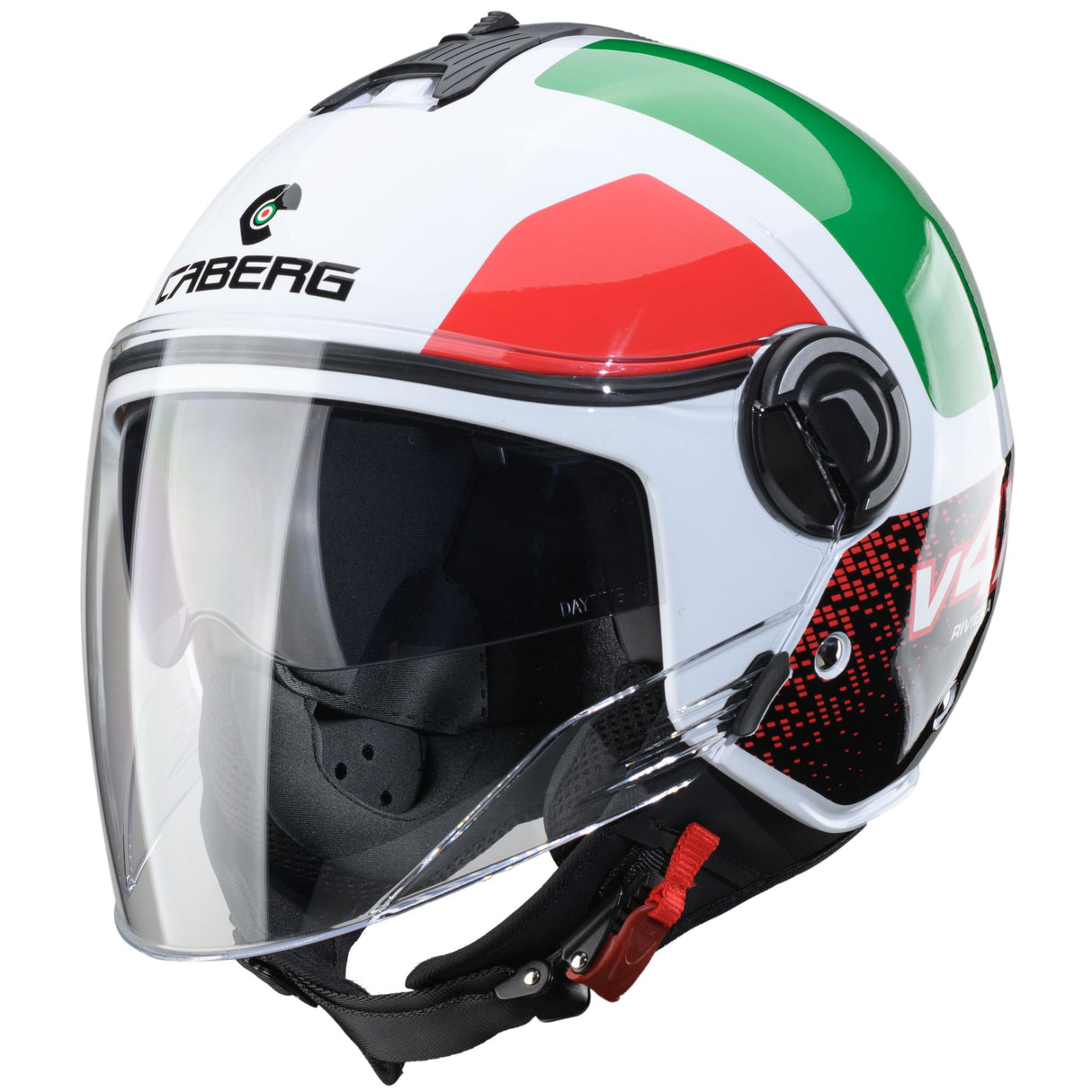 Weiß-roter Jethelm Caberg Riviera V4 X Alpha Italia mit grünen Akzenten, hochwertiges Motorradhelm-Design, Sichtfeld und Belüftung.