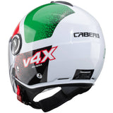 Weiße und rote grüne Caberg Riviera V4 X Alpha Italia Jethelm mit Visier, stilvoll und sicher für Motorradfahrer.