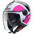 Weiß-schwarzer Jethelm von Caberg Riviera V4 X Alpha mit Fuchsia-Details, leichter Motorradhelm mit Visier und Belüftung.