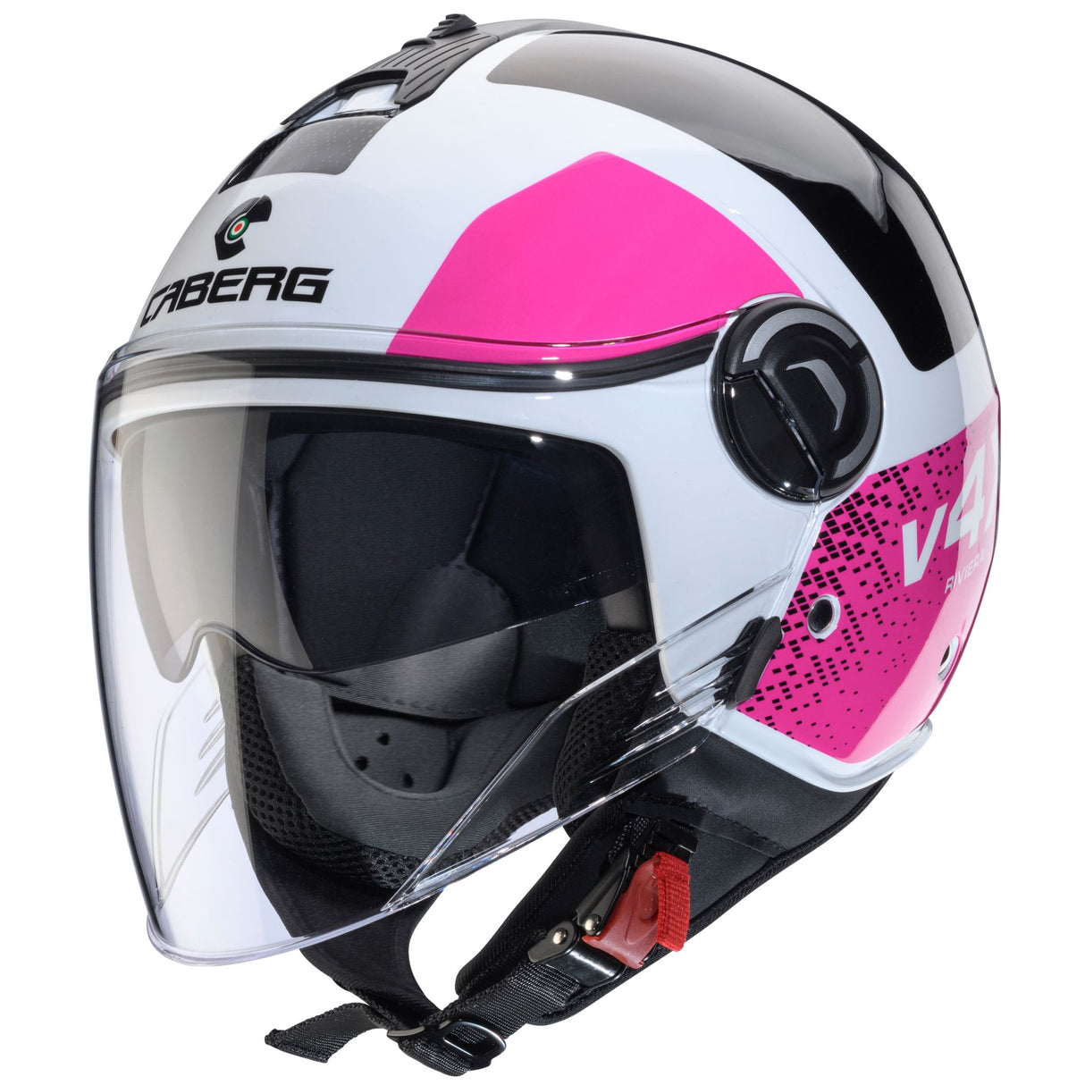 Weiß-schwarzer Jethelm von Caberg Riviera V4 X Alpha mit Fuchsia-Details, leichter Motorradhelm mit Visier und Belüftung.
