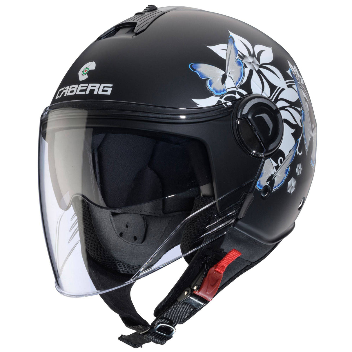 Schwarz-weißer Caberg Riviera V4 X Mia Jethelm mit hellblauen Akzenten, mattes Finish, Visier und bequeme Passform.