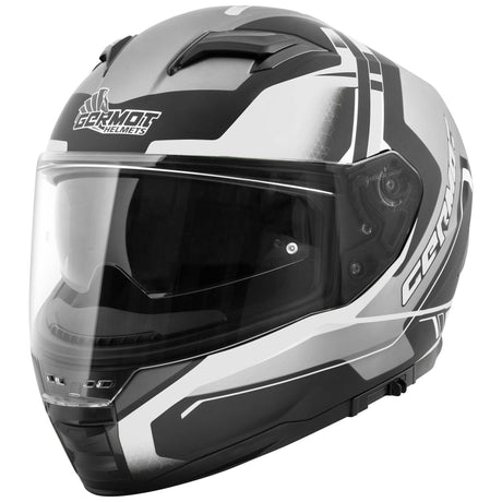 Germot Integralhelm GM 350 in mattschwarz mit Grau-Weiße Akzenten, leichter Schutzhelm für Motorradfahrer, seitliche Ansicht