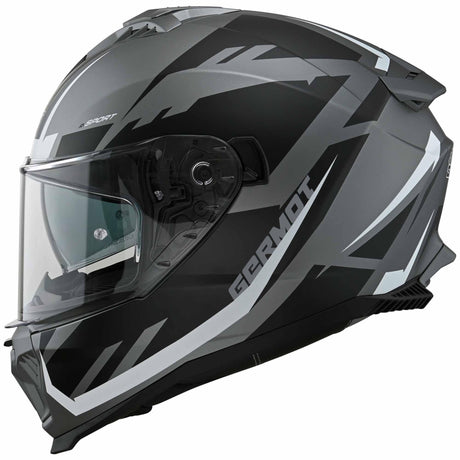 Germot Integralhelm GM 811 in mattschwarz mit silber-weißem Design, Visier und Belüftungsöffnungen sichtbar