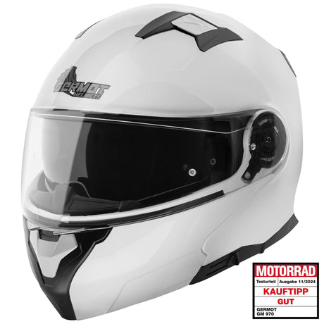 Weißer Germot Klapphelm GM 970 mit klappbarem Visier und bequemem Innenpolster, ideal für sichere Fahrten.