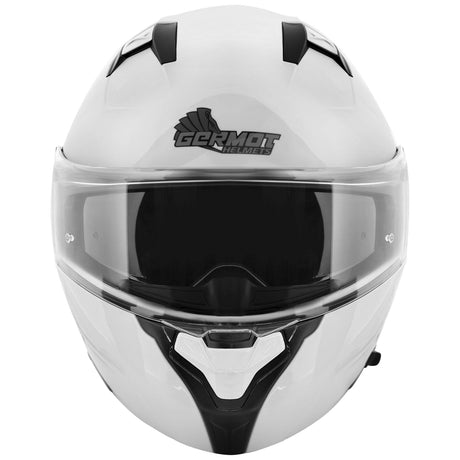 Weißer Germot Klapphelm GM 970 mit abnehmbarer Visier und Belüftungsöffnungen, sichere Passform, bequemes Tragegefühl.