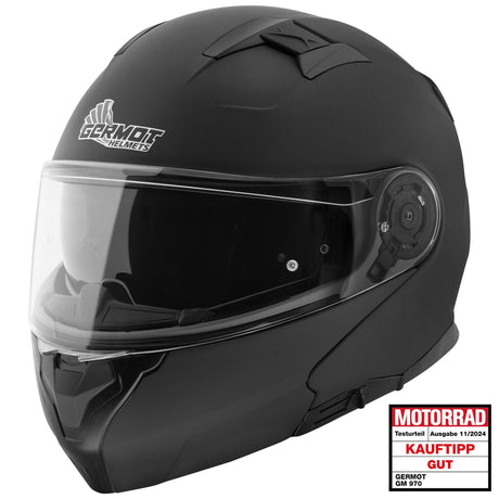 Germot Klapphelm GM 970 in matt-schwarz, aerodynamisches Design, reflektierende Details, komfortabler Innenraum, Schutz für Motorradfahrer