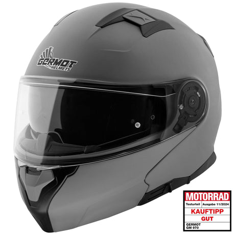 Germot Helm GM 970 klappbarer Motorradhelm in mattem Grau, mit Visier und Belüftungsöffnungen