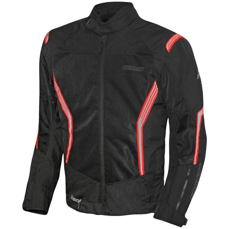 Schwarze und rote Germot Textiljacke Mistral Herren, touring Jacke mit Schutz und Reißverschlüssen, auf einem Kleiderbügel hängend