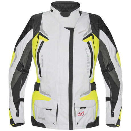 Hellegraue und gelbe Textiljacke für Damen von Germot, touring Jacke, Allround-Design, mit sichtbaren Reißverschlüssen und Belüftungsöffnungen