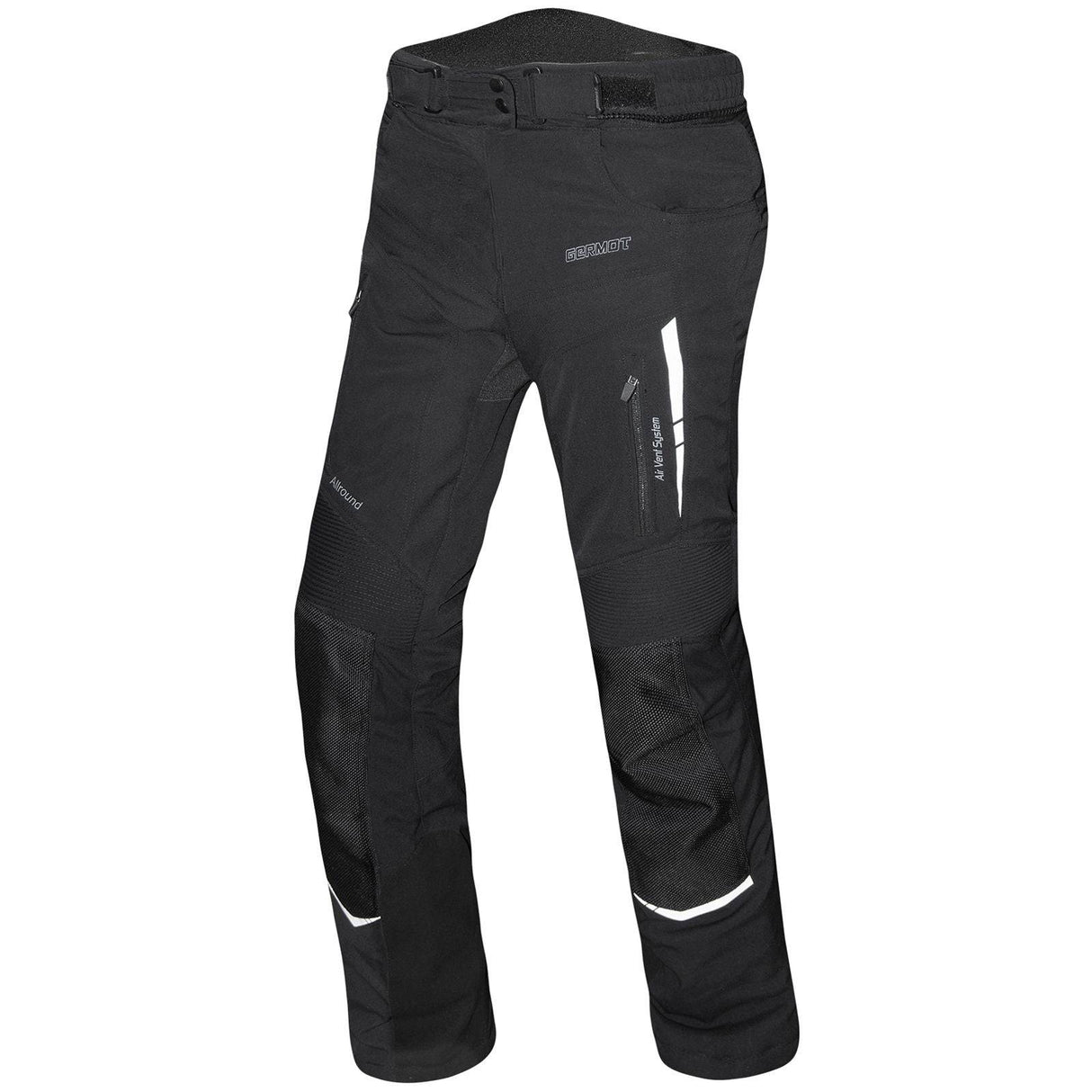 Schwarze Germot Damen Textilhose Allround lang, ideal für Touren, zeigt die strapazierfähige, bequeme Hosenpassform.
