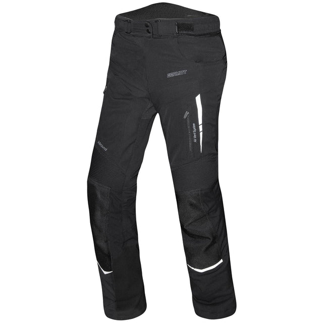 Schwarze Germot Damen Textilhose Allround lang, ideal für Touren, zeigt die strapazierfähige, bequeme Hosenpassform.