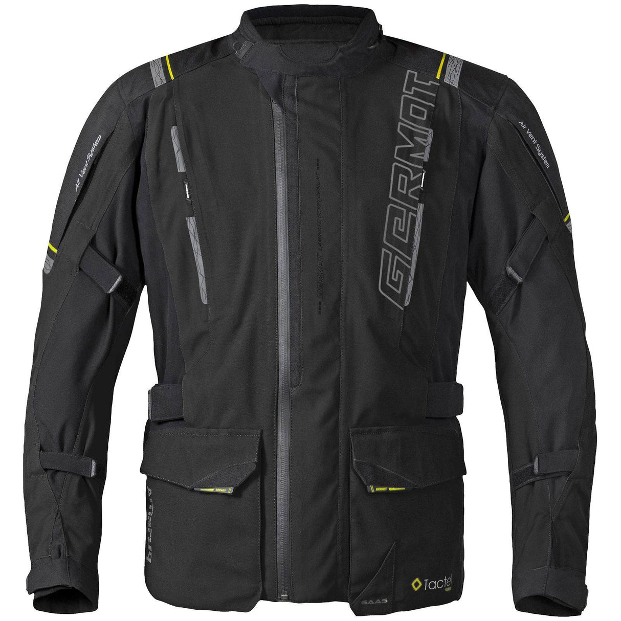 Schwarze und gelbe Germot Textiljacke Amaruq Herren, Tourenjacke, mit reflektierenden Elementen und robustem Material.
