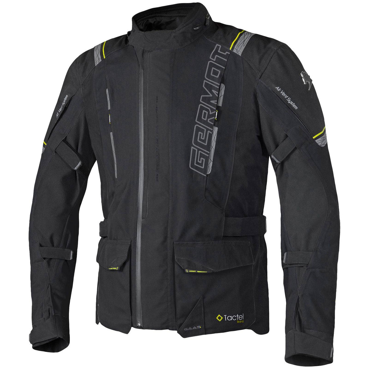 Schwarze und gelbe Germot Textiljacke Amaruq Herren, Jacken-Touring, mit reflektierenden Elementen, atmungsaktiv und strapazierfähig.
