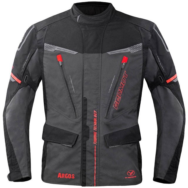 Germot Argos Textiljacke Herren in Anthrazit, schwarz-rot, touring Jacke mit Reißverschlüssen und Schulterpolstern.