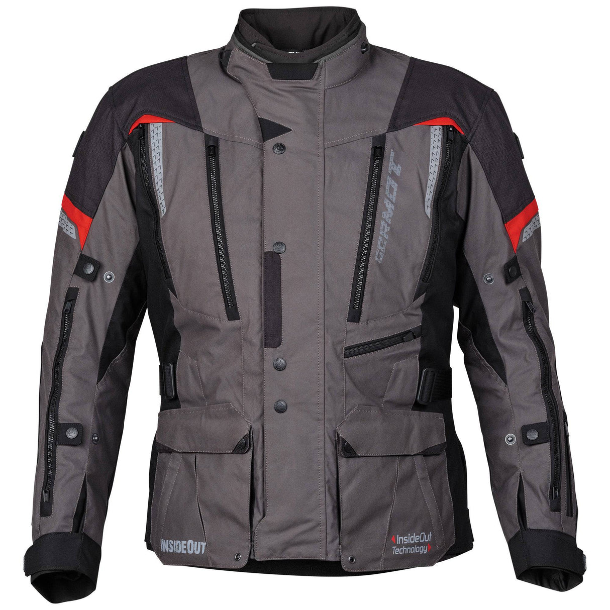 Herren Textiljacke InsideOut von Germot, touring Jacke in anthrazit und rot, sichtbar mit Reißverschlüssen und wetterfester Oberfläche