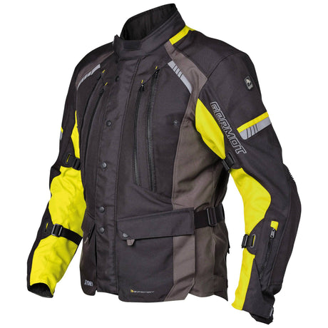 Schwarze und gelbe Germot Textiljacke Sydney Herren, touring Jacke mit Schutz- und Komfortdetails, auf einem weißen Hintergrund.