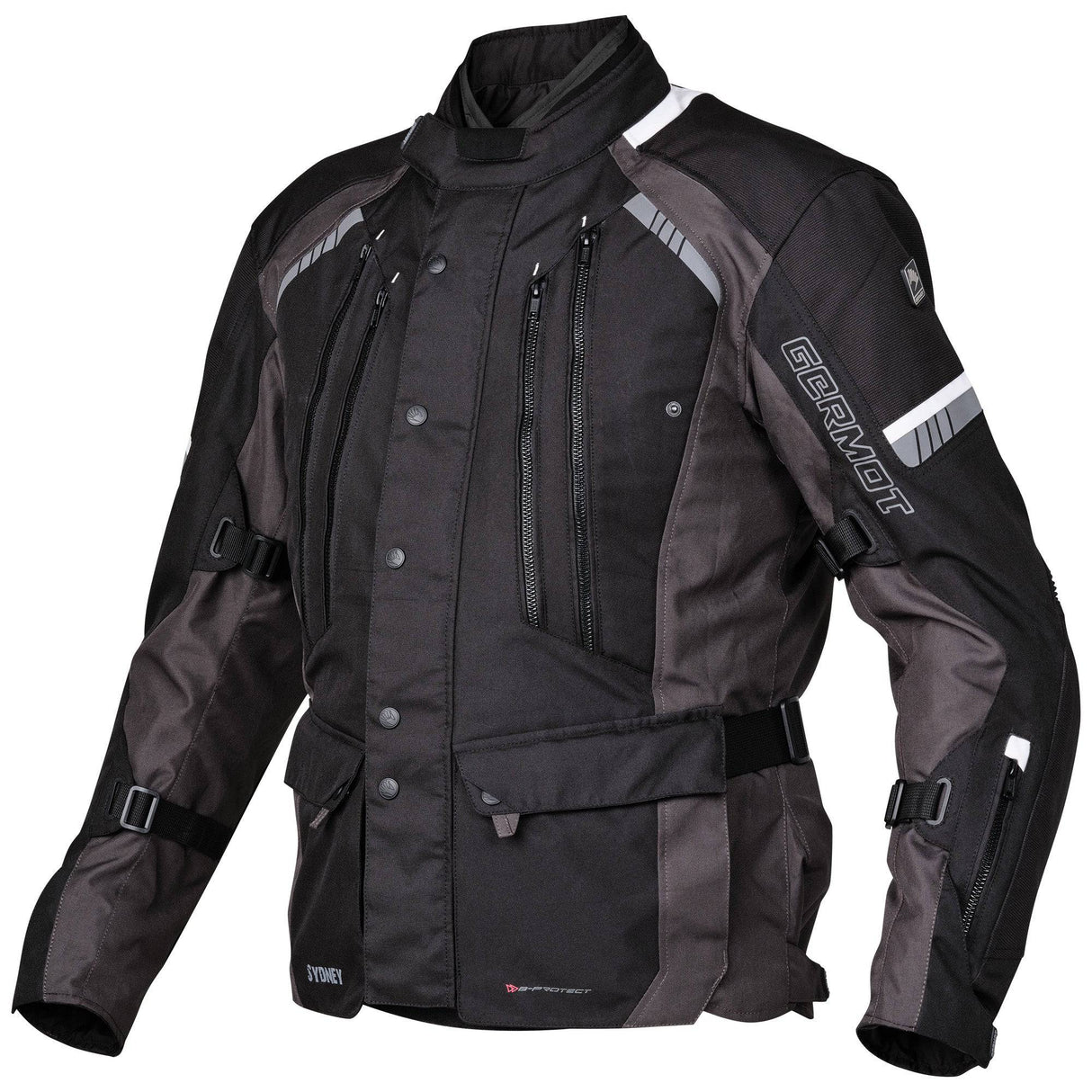 Schwarze und anthrazitfarbene Germot Textiljacke Sydney für Herren, Touring-Jacke mit wetterfestem Material und verstellbaren Elementen