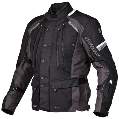 Schwarze und anthrazitfarbene Germot Textiljacke Sydney für Herren, Touring-Jacke mit wetterfestem Material und verstellbaren Elementen