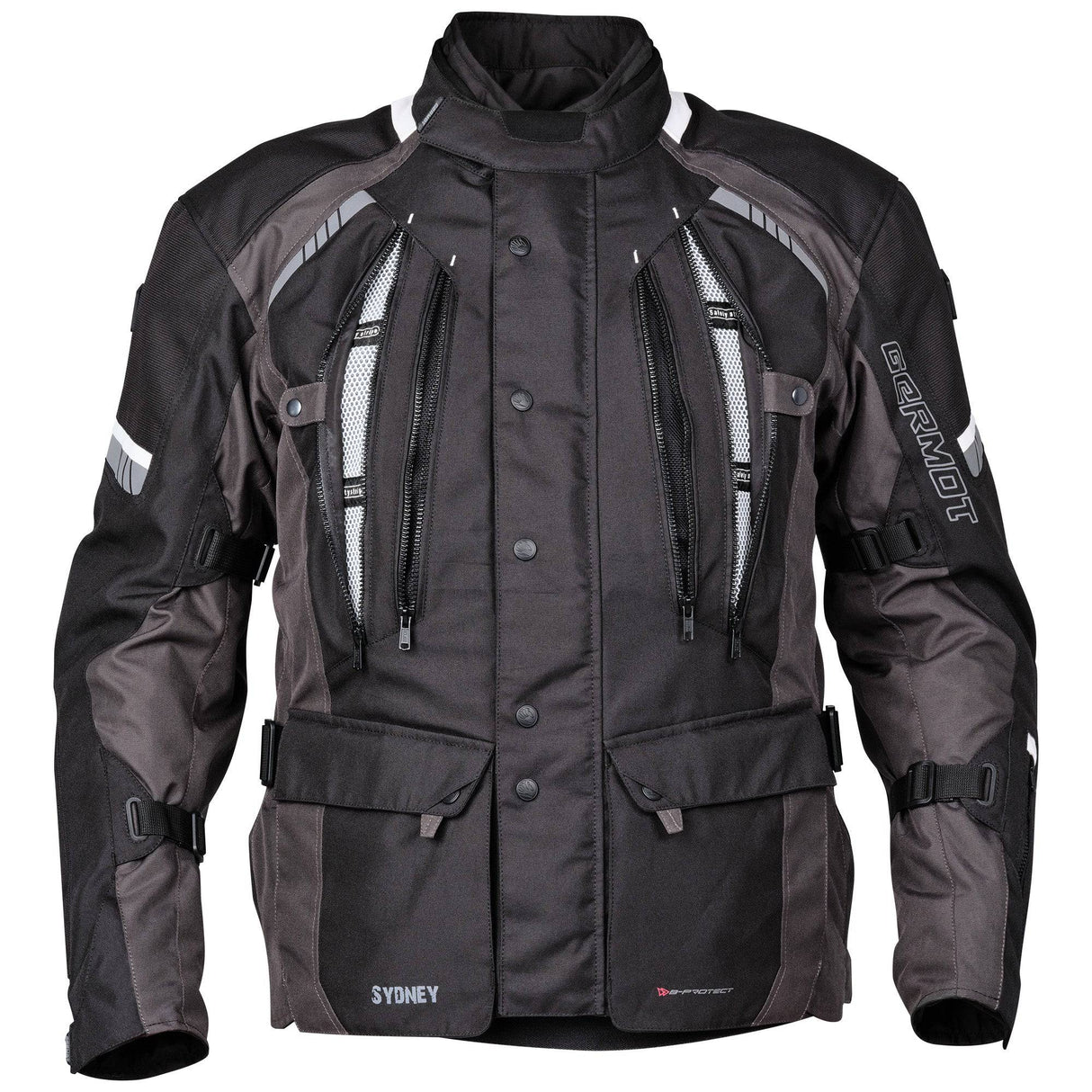 Schwarze und anthrazitfarbene Germot Textiljacke Sydney für Herren, Tourenjacke mit robustem Design, auf dem Bild sichtbar.