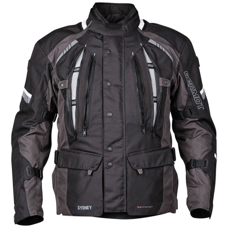 Schwarze und anthrazitfarbene Germot Textiljacke Sydney für Herren, Tourenjacke mit robustem Design, auf dem Bild sichtbar.