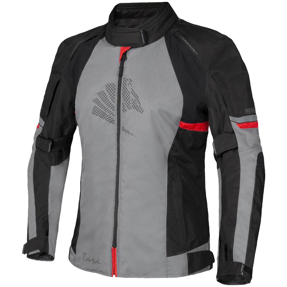 Germot Textiljacke Tara Damen, graue und schwarze Tourenjacke mit rotem Akzent, sichtbar mit Reißverschlüssen und Schulterpolstern.