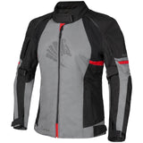 Germot Textiljacke Tara Damen, graue und schwarze Tourenjacke mit rotem Akzent, sichtbar mit Reißverschlüssen und Schulterpolstern.