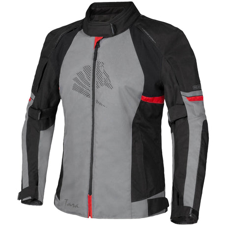 Germot Textiljacke Tara Damen, graue und schwarze Tourenjacke mit rotem Akzent, sichtbar mit Reißverschlüssen und Schulterpolstern.