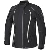 Schwarze und weiße Germot Textiljacke MotoQueen Damen, Tourenjacke mit Reißverschlüssen und Protektoren, auf einem weißen Hintergrund