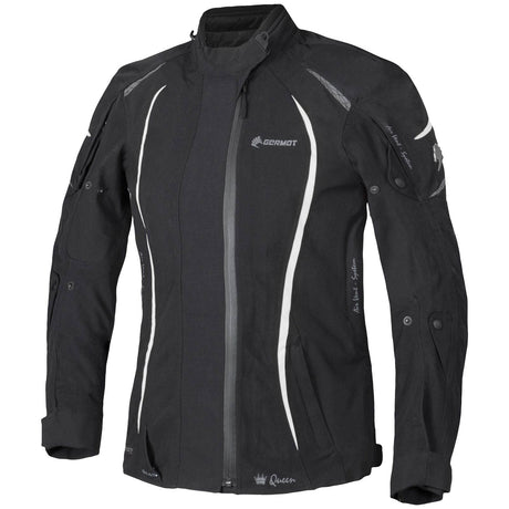 Schwarze und weiße Germot Textiljacke MotoQueen Damen, Tourenjacke mit Reißverschlüssen und Protektoren, auf einem weißen Hintergrund