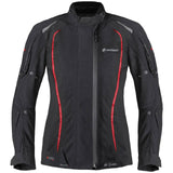 Schwarze und rote Germot Textiljacke MotoQueen Damen, Touring-Jacke mit reflektierenden Elementen und Schutzpolstern, frontal sichtbar