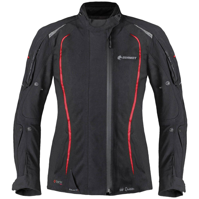 Schwarze und rote Germot Textiljacke MotoQueen Damen, Touring-Jacke mit reflektierenden Elementen und Schutzpolstern, frontal sichtbar