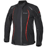 Schwarze und rote Germot MotoQueen Damen-Textiljacke für Touren, mit sichtbarem Reißverschluss und Schulterprotektoren