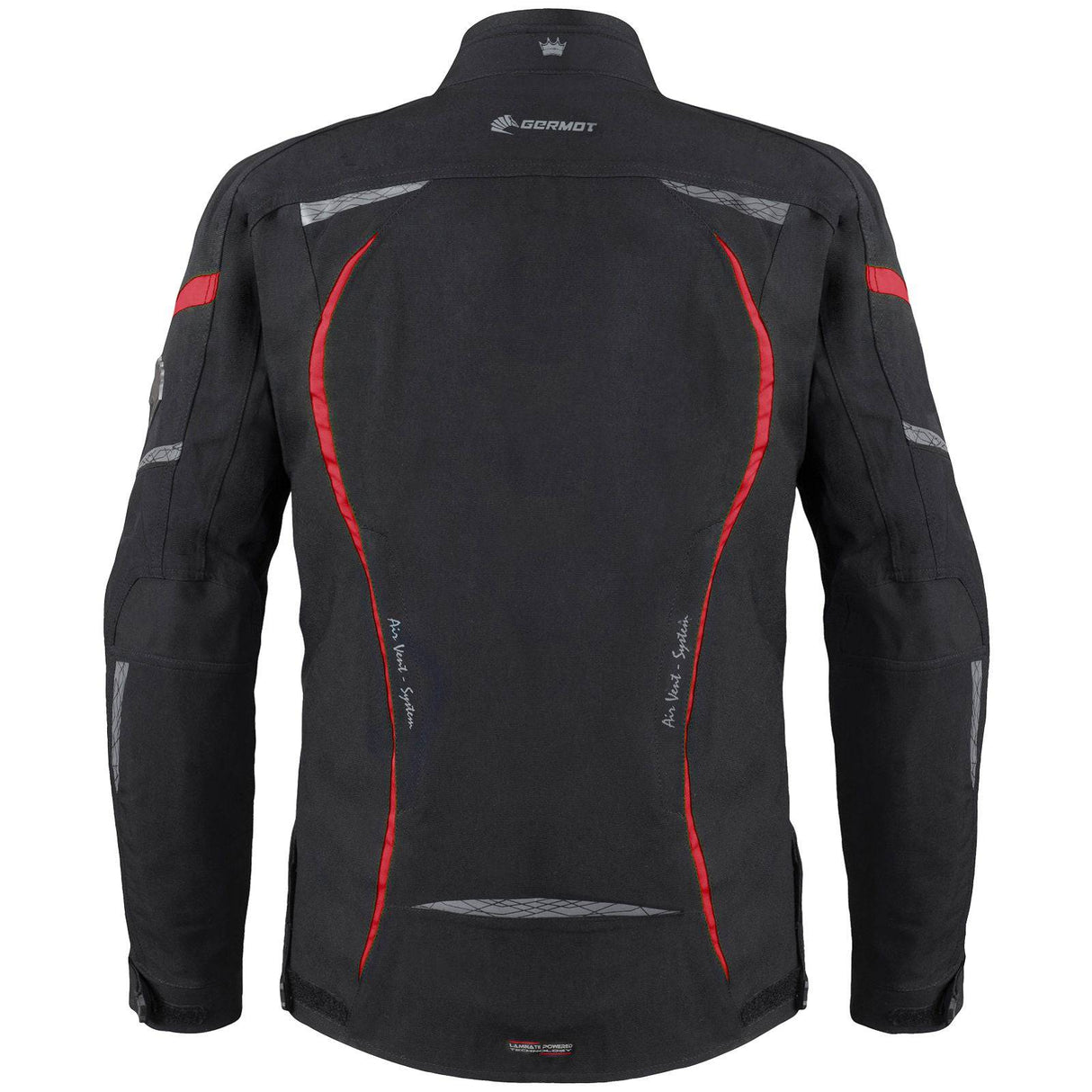 Schwarze und rote Germot Textiljacke für Damen, Motorrad-Touring Jacke mit Schutz, auf dem Bild sichtbar.