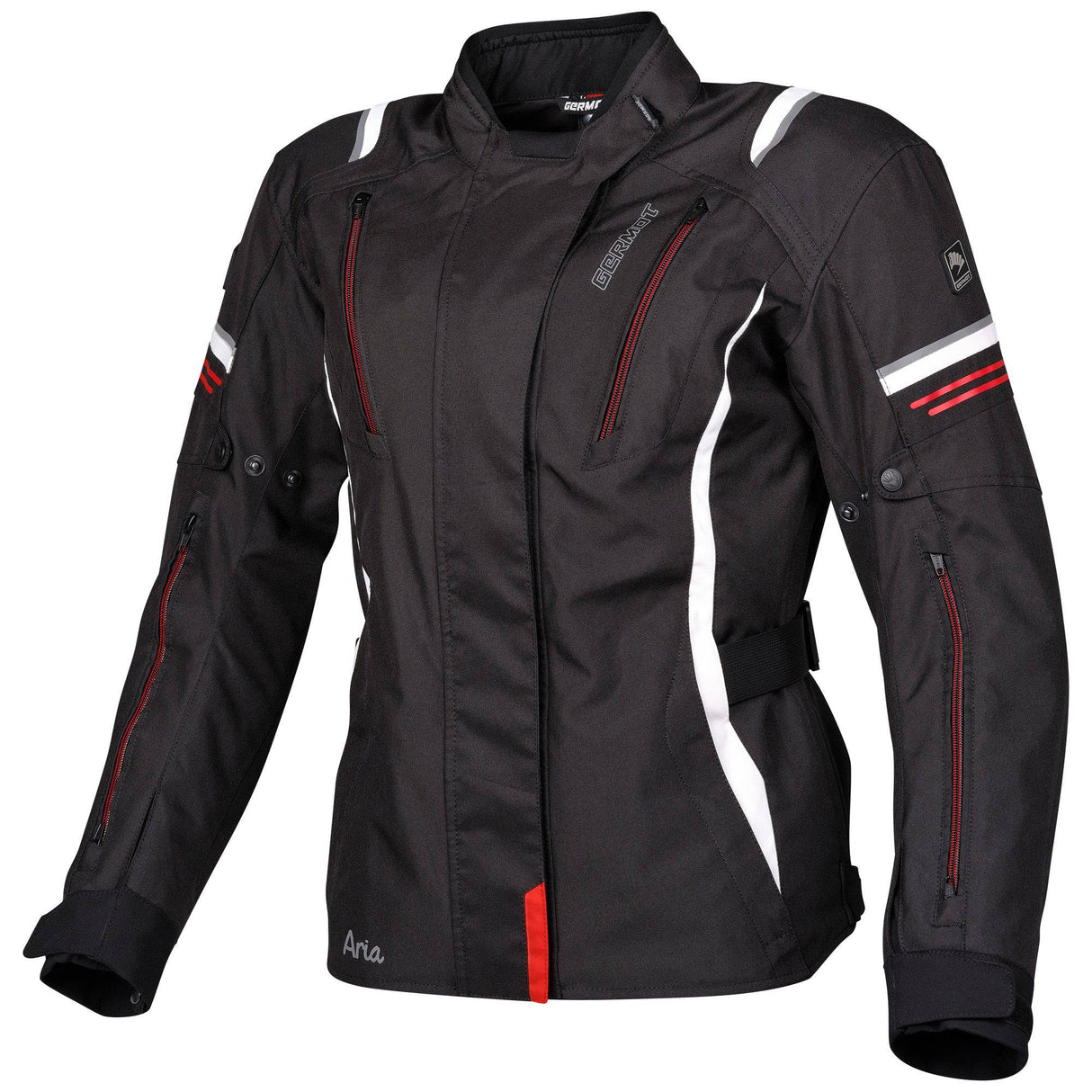 Schwarze und weiße rote Damen-Textiljacke Germot Aria, Touring-Jacke mit reflektierenden Details, winddicht und bequem.