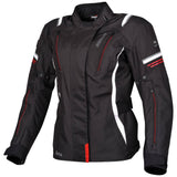 Schwarze und weiße rote Damen-Textiljacke Germot Aria, Touring-Jacke mit reflektierenden Details, winddicht und bequem.