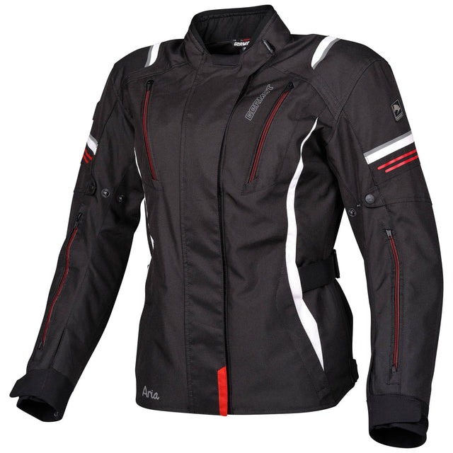 Schwarze und weiße rote Damen-Textiljacke Germot Aria, Touring-Jacke mit reflektierenden Details, winddicht und bequem.