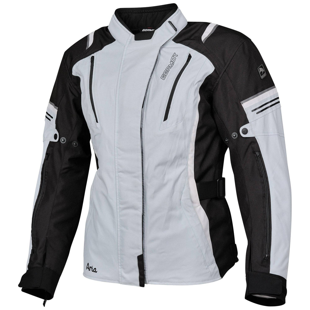 Germot Textiljacke Aria Damen, hellgrau und schwarz, touring Jacke mit Reißverschlüssen und atmungsaktivem Material.
