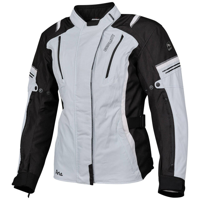 Germot Textiljacke Aria Damen, hellgrau und schwarz, touring Jacke mit Reißverschlüssen und atmungsaktivem Material.