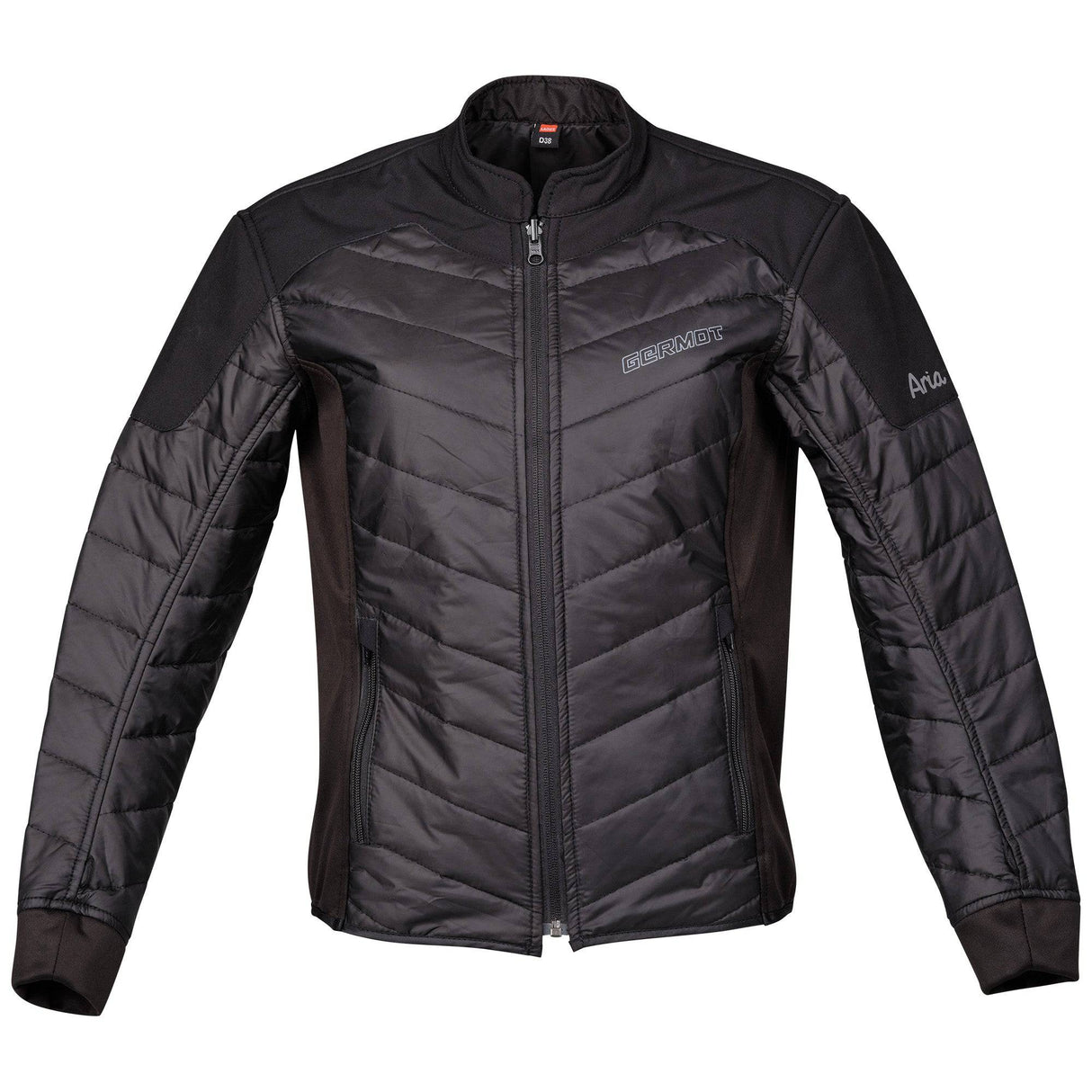 Helle und schwarze Damen-Textiljacke Germot Aria, touring Jacke mit sichtbarem Reißverschluss und Steppdetails, auf weißem Hintergrund