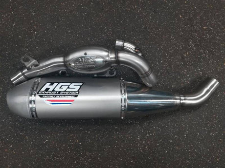HGS Auspuffanlage für Ducati Desmo450 MX, graue Stahl-Endkappe, sportliches Design, hochwertige Motorrad-Auspuffanlage