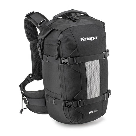 Kriega Rucksack R25 Modell 2024, schwarzer Wanderrucksack mit mehreren Fächern und verstellbaren Gurten, aufgenommen von vorne