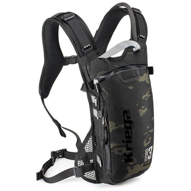Kriega Hydro-3 Rucksack in Multicam Black, wasserfester Outdoor-Rucksack mit mehreren Fächern und robustem Design.