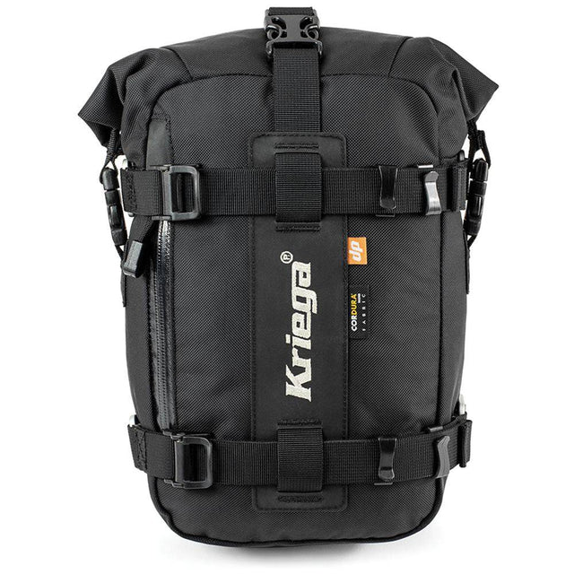 Schwarze Kriega US-5 Drypack Taschen mit reflektierendem Logo und verstellbarem Tragegurt, ideal für wasserdichten Stauraum.