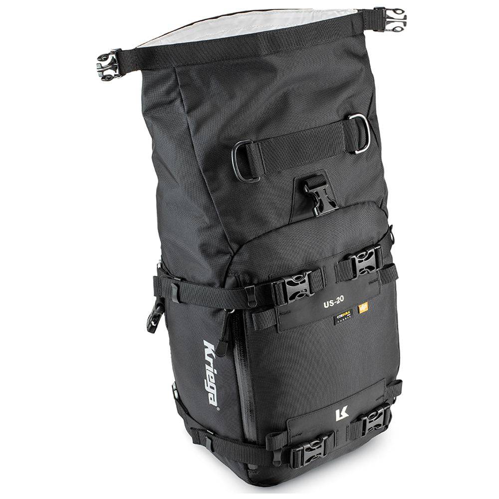 Robuste schwarze Kriega US-20 Drypack Tasche mit verstellbarem Schultergurt und wasserfestem Material.