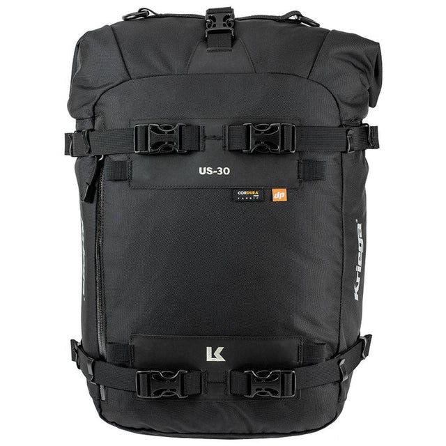 Robuste Kriega US-30 Drypack Taschen in schwarzer Farbe mit verstellbaren Gurten und wasserdichtem Material.