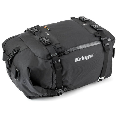 Kriega US-30 Drypack Tasche aus robustem Material mit Rollverschluss für wasserdichten Schutz, schwarz, auf einem Motorrad befestigt