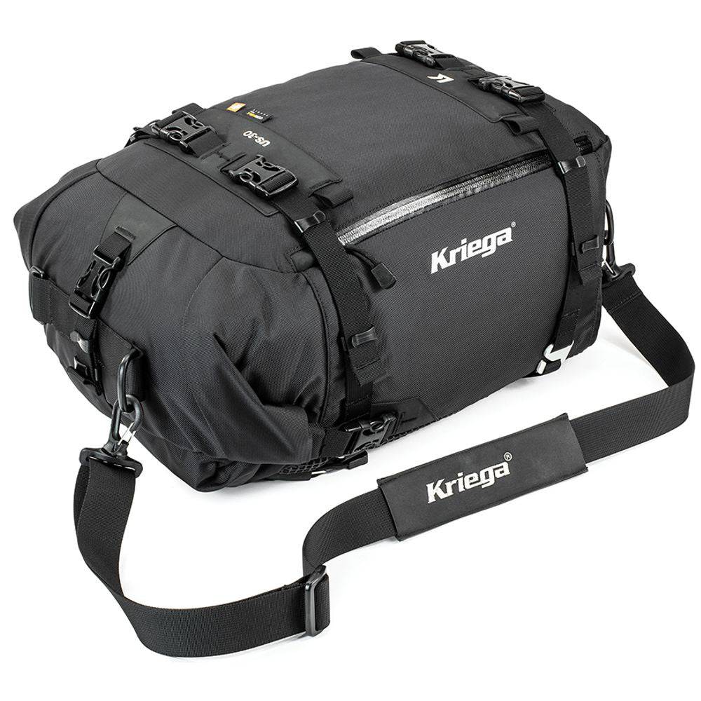 Robuste schwarze Kriega US-30 Drypack Tasche mit Rollverschluss und Tragegriff, ideal für Outdoor- und Motorradtouren.