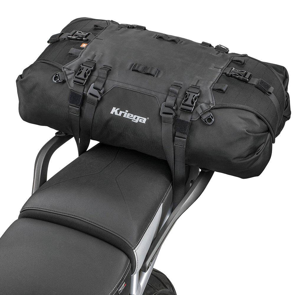 Rugged Kriega US-40 Drypack Taschen in schwarz mit wasserdichtem Material und verstellbaren Tragegurten.